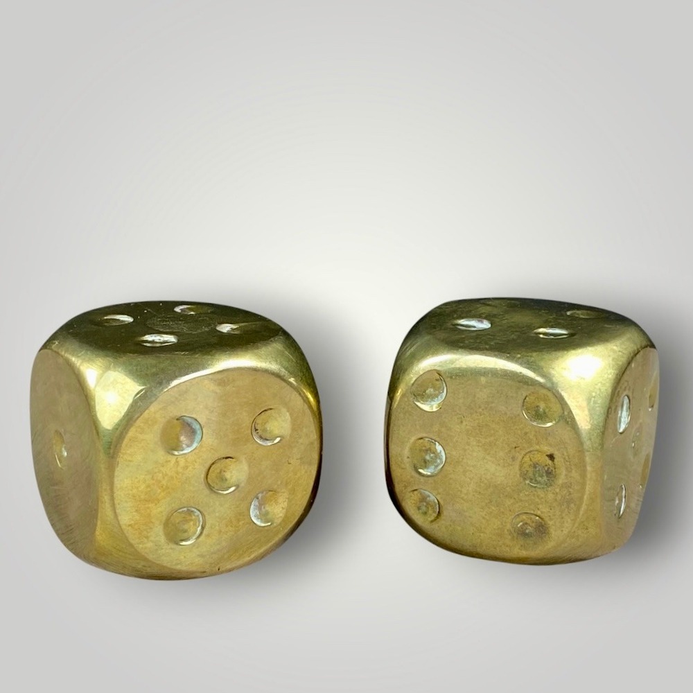 Brass Dice Pair Oversized 2" Game Room Home Decor Paperweights 1970s 1980s